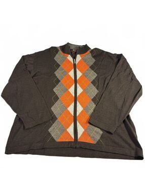 Vintage Toscano Men's Full-Zip Brown Orange Cream Argyle Wool Blend Sweater 3XLT